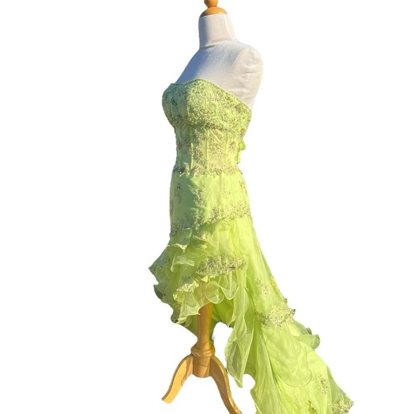 Y2K Cache Fairy Strapless Prom Dress Green Embellished Sequin Ruffles Whimsy XS - Picture 2 of 16